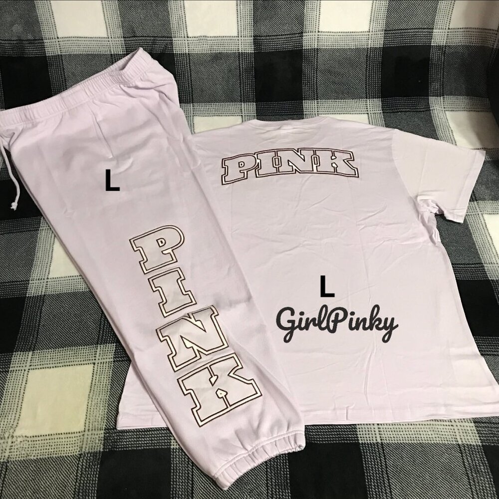 VS PINK SWEATPANTS OUTFIT & CAMPUS LOGO TEE IN PURPLE WHISPER LOGO IN SIZE LARGE
